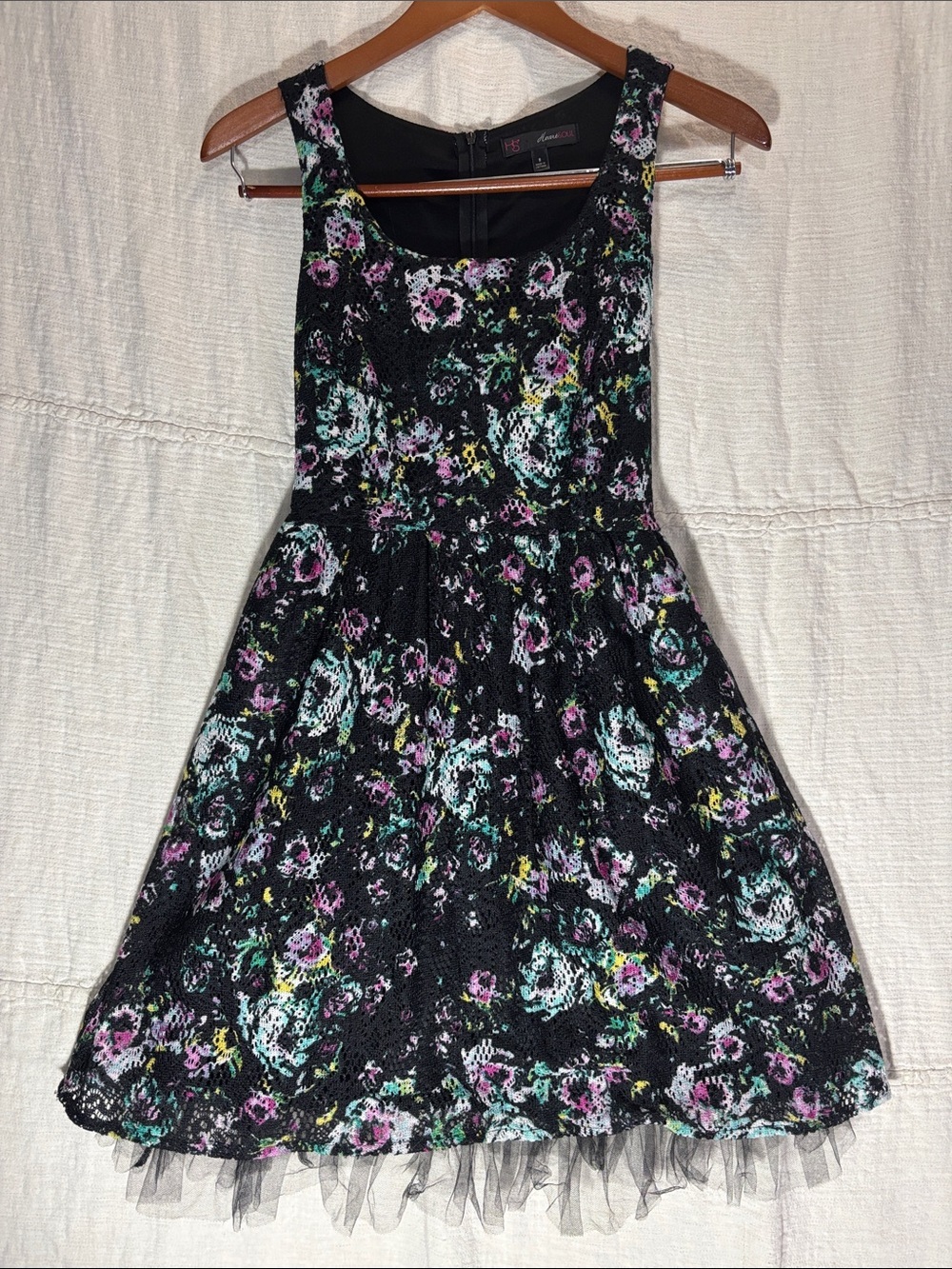 HeartSoul Black Floral Lace Skater Dress with Tulle Hem. Fit & Flare Y2K